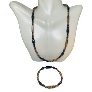 Womens Tan Stone Hematite Beaded Bohemian Vintage Choker Necklace Bracelet Set